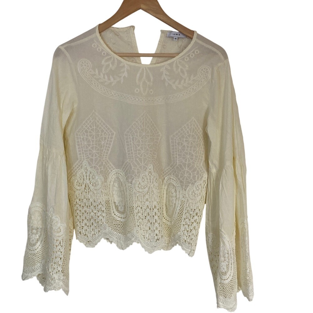 Lumie Womens Cream Lace‎ Bell Sleeve Blouse Size XS Cottagecore Feminine Boho